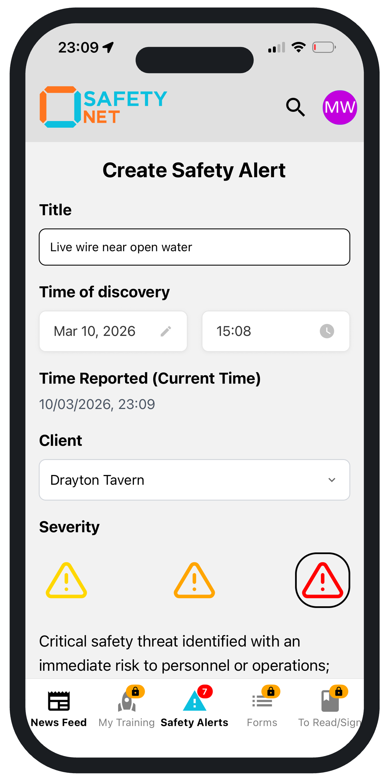 SafetyNet mobile app - Create Safety Alert